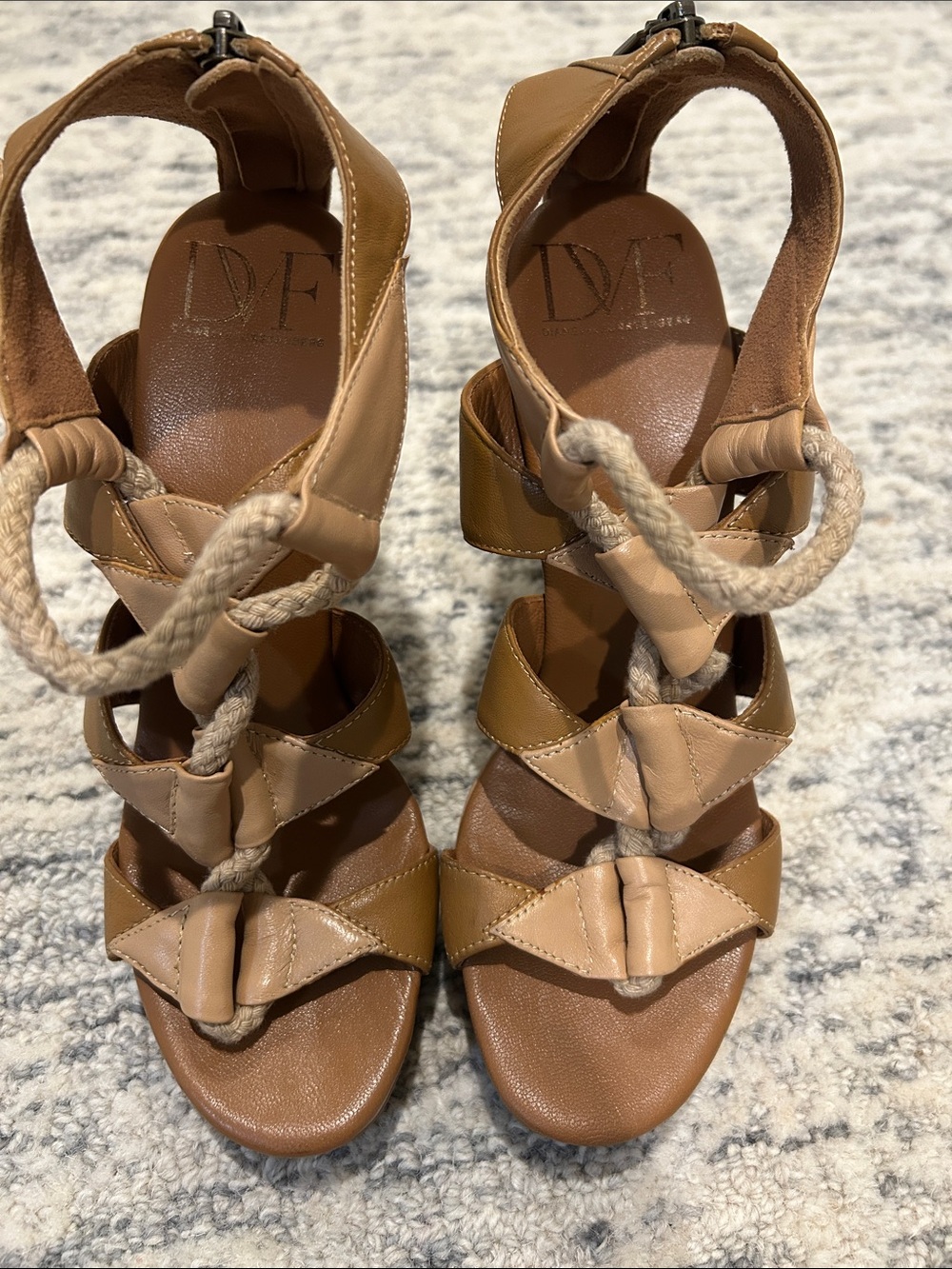 Diane Von Furstenberg Two-Tone Tan and Beige Braided Leather Heels 7.5